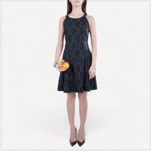 Sea NY Barneys Black Lace Distressed Leather Panel Fit & Flare Dress size 10